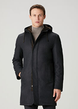 Koyu Gri Kapüşonlu Shearling Detaylı Yün Kaban