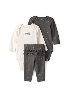 Gri Uzun Kollu Body ve Tayt Kız Bebek 3'lü Set