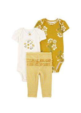 Sarı Beyaz Kız Bebek Body & Pantolon 3'lü Set 