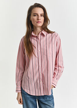 Pembe Çizgili Klasik Yaka Relaxed Fit Uzun Kollu Kadın Gömlek