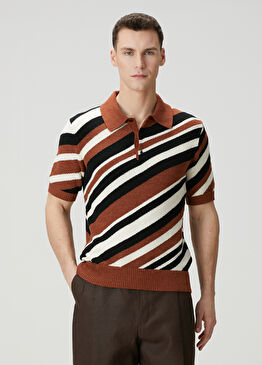 Siyah Kahverengi Polo Yaka Çizgili Kısa Kol Triko
