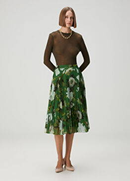 Yeşil Çiçek Desenli Pileli Voile Midi Etek