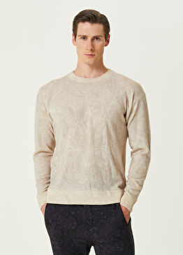 Bej Etnik Desen Jakarlı Yün Kazak