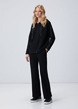 Siyah Beli Kordonlu Triko Garnili Eşofman Altı