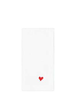 Love Kırmızı Kalp Nakışlı Beyaz Keten Servis Peçetesi