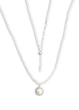 Vintage İnci Gümüş Minimal 18 Ayar Beyaz Altın Kaplama Kadın Kolye