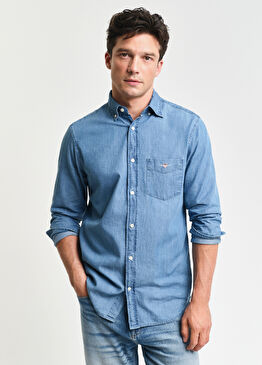 Mavi Düğmeli Yaka Regular Fit Uzun Kollu Erkek Gömlek
