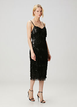 Siyah Payetli Midi Kokteyl Elbise