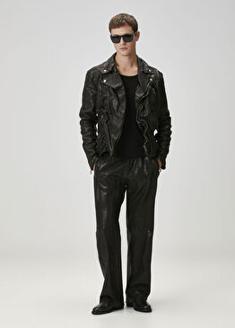 P-Bru Siyah Deri Pantolon