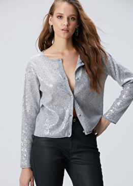 Açık Gri Melanj Payetli Hırka