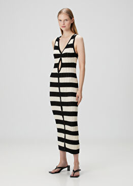 Ekru Siyah Midi Triko Elbise