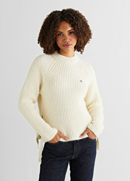 Krem Rengi Bisiklet Yaka Cropped Fit Kadın Triko