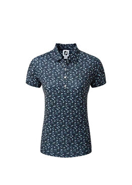 Floral Print Lisle Lacivert Kısa Kollu Kadın Golf T-Shirt 80240