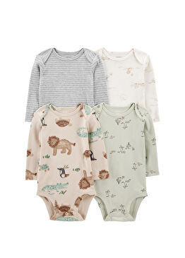 Renkli Çıtçıtlı Uzun Kollu Erkek Bebek 4'lü Body Seti