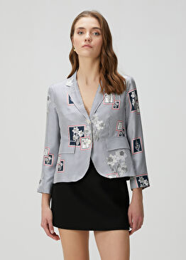 Lacivert Çizgili Twill İpek Ceket