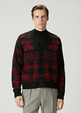 Kırmızı Siyah Jakarlı Triko Hırka