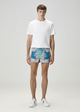 Turkuaz Beli Kordonlu Desenli Mayo