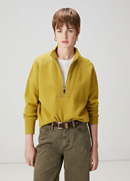 Yağ Yeşili Yarım Fermuarlı Yün Kazak