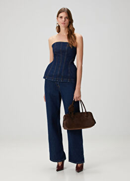 Loose Leg Lacivert Jean Pantolon