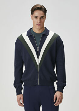 Lacivert Şerit Jakarlı Yün Triko Hırka