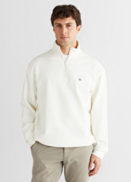 Beyaz Yarım Fermuarlı Relaxed Fit Erkek Sweatshirt