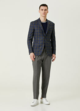 Koyu Gri Mikro Desenli Çift Pilili Yün Pantolon