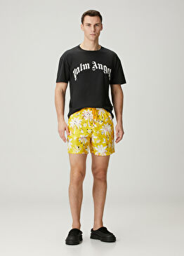 Beyaz Sarı Beli Kordonlu Desenli Mayo