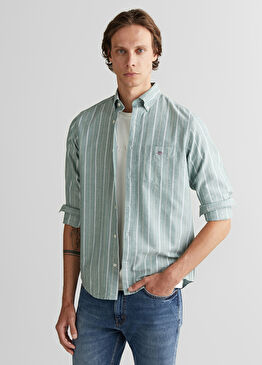 Yeşil Çizgili Düğmeli Yaka Regular Fit Uzun Kollu  Erkek Oxford Gömlek