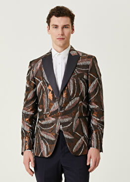 Kahverengi Yaprak Desen Jakarlı Ceket