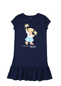 Lacivert Fırfırlı Baskılı Kız Çocuk Elbise