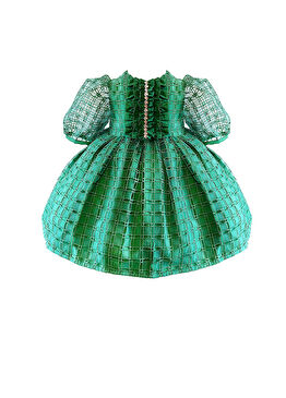 Yeşil Fırfırlı Kısa Kollu Kız Çocuk Elbise