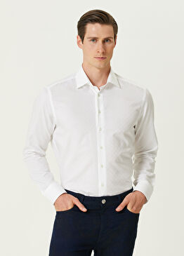 Beyaz Etnik Desen Jakarlı Gömlek