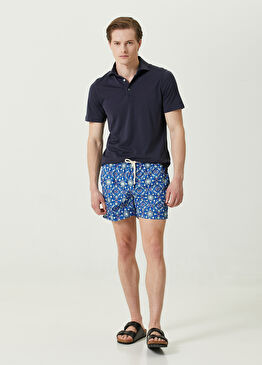 Mavi Beli Kordonlu Etnik Desenli Mayo