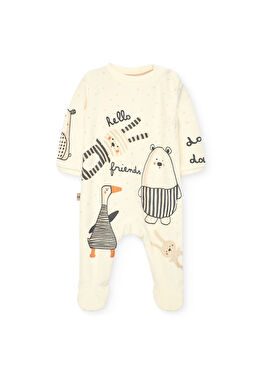 Hayvan Baskılı Ekru Uzun Kollu Erkek Bebek Tulum