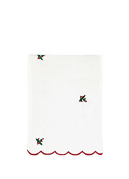 Christmas Holly Beyaz Keten Nakışlı Masa Örtüsü 150 x 250 cm