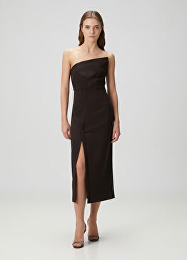 Kahverengi Straplez Midi Kokteyl Elbise