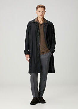 Lacivert Çizgi Desenli Kaşmir Kaban