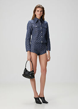 Koyu Mavi Logo Jakarlı Denim Şort