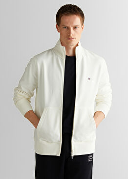 Beyaz Regular Fit Fermuarlı Uzun Kollu Erkek Sweatshirt