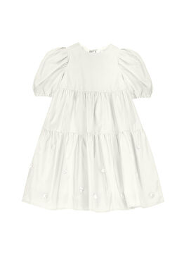 Miss Joy İsleme Detaylı Beyaz Tafta Kısa Kollu Kız Çocuk Elbise