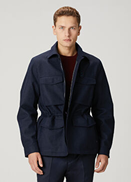 Mavi Kazayağı Desenli Yün Kaban