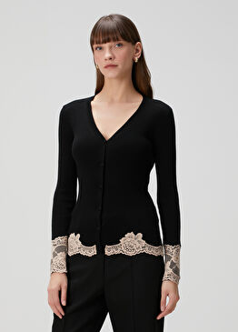 Siyah Pudra Dantelli Kaşmir Hırka