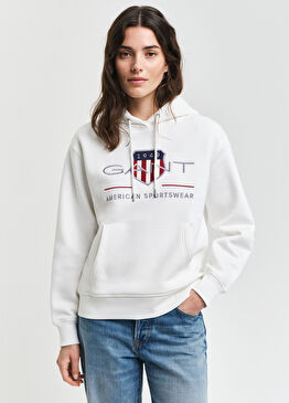 Krem Kapüşonlu Logolu Relaxed Fit Kadın Sweatshirt