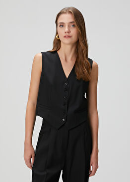 Siyah Yün Karışımlı Yelek