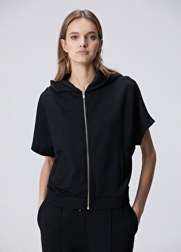Siyah Alttan Büzgülü Fermuarlı Kısa Kol Sweatshirt