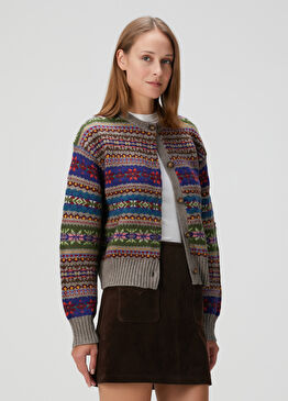 Fair Isle Koyu Bej Jakarlı Yün Triko Hırka