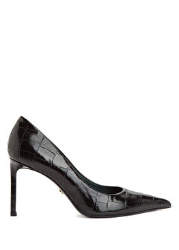 Siyah Kroko Desenli Kadın Deri Topuklu Ayakkabı