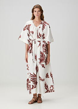 Kırmızı Beyaz Çiçekli Maksi Plaj Elbisesi