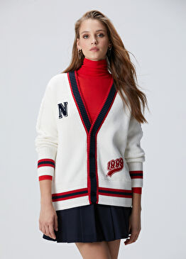 Kırık Beyaz Patchli Renkli Ribanalı Hırka