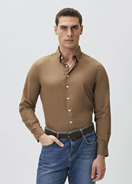 Slim Fit Kahverengi Cotton Gömlek